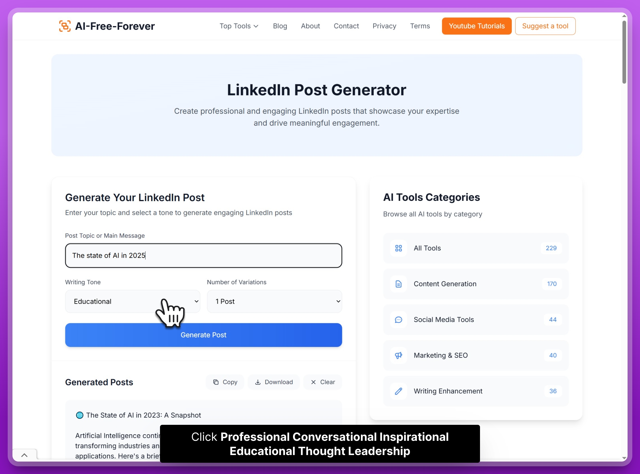 Step 2: Select post style and tone options for your LinkedIn content